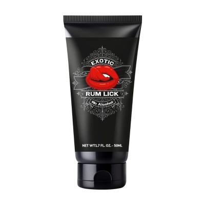Frasco preto de plástico com tampa preta e design de lábios vermelhos com texto em branco