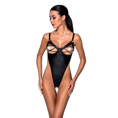 Body lingerie preto com tiras cruzadas e argolas metálicas