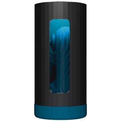 Embalagem preta e azul com janela mostrando produto azul interno