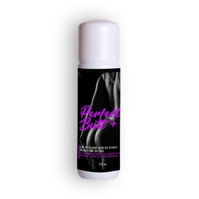 Frasco de creme com rótulo preto e texto Perfect Butt + e imagem de costas de mulher