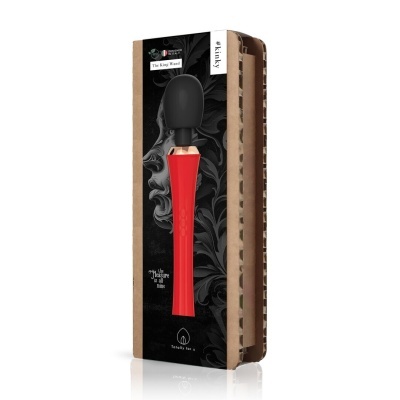 Produto vibratório The King Wand vermelho com cabeça preta e embalagem em cartão reciclado