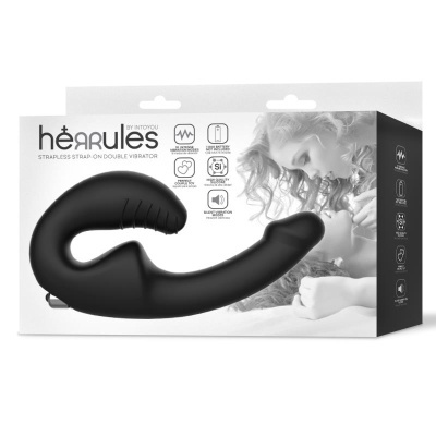 Embalagem do Hearules Strapless Strap-On Double Vibrator preto com ícones de características e imagem de casal