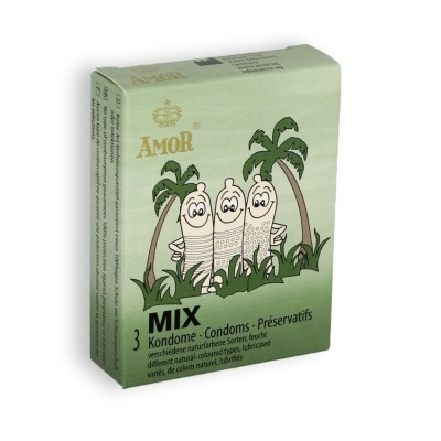 Embalagem verde clara de preservativos AMOR com ilustração de preservativos animados e palmeiras