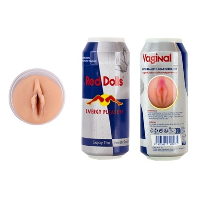 Masturbador vaginal em lata com design azul e branco com texto Vermelho Dolls, ao lado de molde vaginal cor de pele.