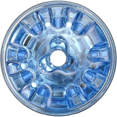 Roda azul translúcida de automóvel com design arredondado e orifício central