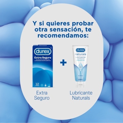 Produtos Durex Extra Seguro e Lubrificante Naturals sobre círculo cinzento com texto promocional em fundo azul texturizado