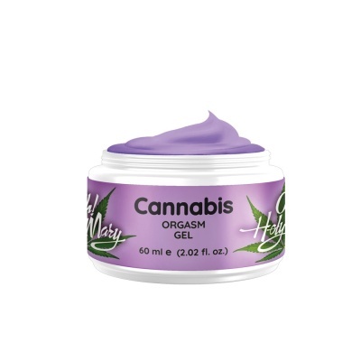 Pote de gel lilás Cannabis Orgasm com rótulo lilás e folhas de cannabis no design
