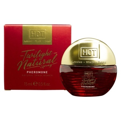 Perfume feminino Twilight Natural Spray PHEROMONE em frasco vermelho com tampa dourada e caixa vermelha