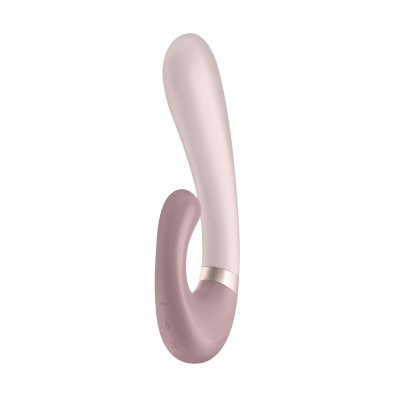 Vibrador dual cor-de-rosa e roxo com detalhes metálicos e ícones gravados