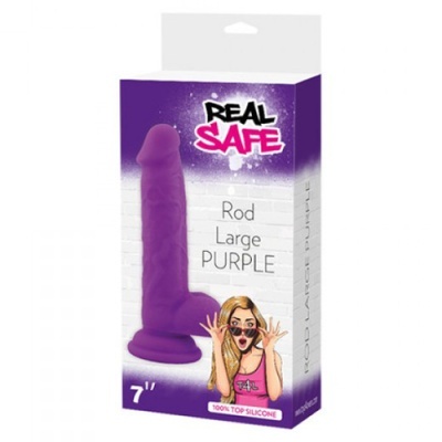 Embalagem de vibrador roxo de silicone Real Safe com texto e ilustração