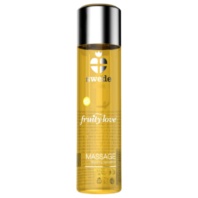 Óleo de massagem amarelo Fruity Love com tampa prateada e rótulo Swede