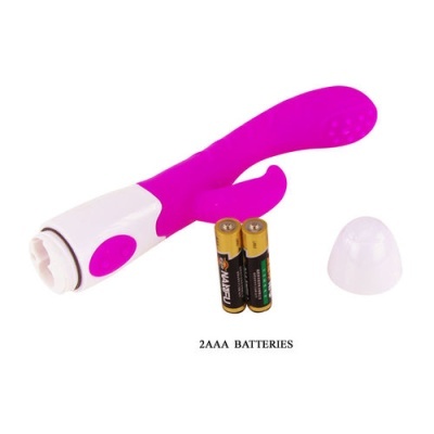 Vibrador roxo e branco com pilhas AAA e tampa sobre fundo branco