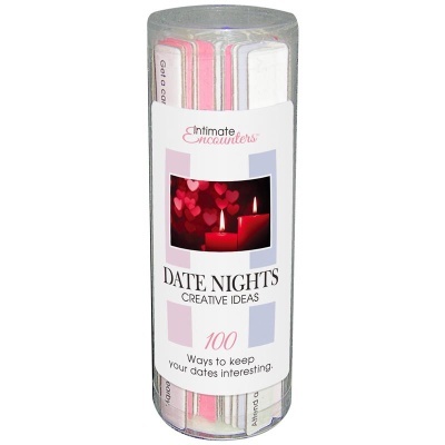 Pacote cilíndrico com cartões Date Nights Creative Ideas e imagem de velas e corações