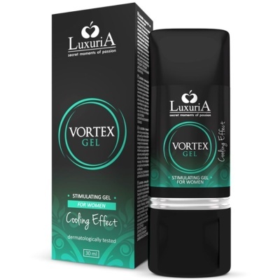 Gel estimulante LuxuriA Vortex Gel para mulheres, embalagem preta com detalhes verdes, 30 ml