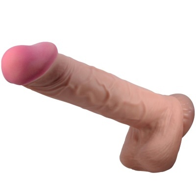 Dildo realista em silicone cor pele com glande rosa e base com formato de testículos