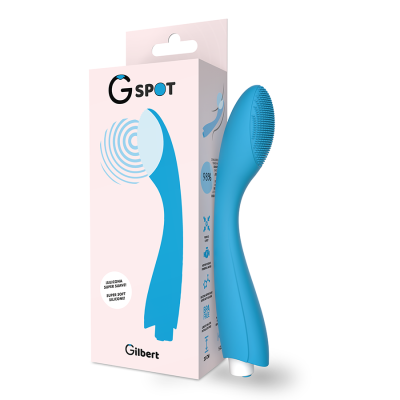 Massageador azul em silicone com embalagem rosa G SPOT.