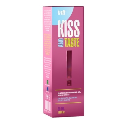 Embalagem rosa e azul de gel beijável de amora com texto