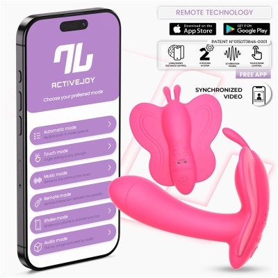 dispositivo móvel com ecrã lilás e dispositivos cor-de-rosa formato borboleta e curvo em fundo branco com texto e ícones