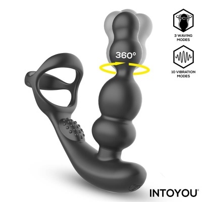 Produto preto em silicone com textura e funções de vibração e rotação