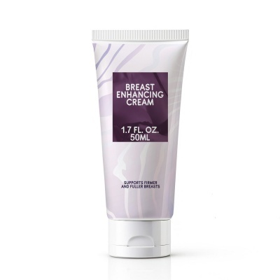Frasco de creme para aumento de peito em tubo branco com etiqueta roxa