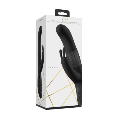 Caixa branca com vibrador preto tipo coelhinho e texto VIVE e IZARA