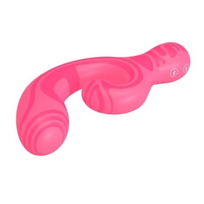 Vibrador rosa curvado em silicone com textura suave e símbolos elétricos