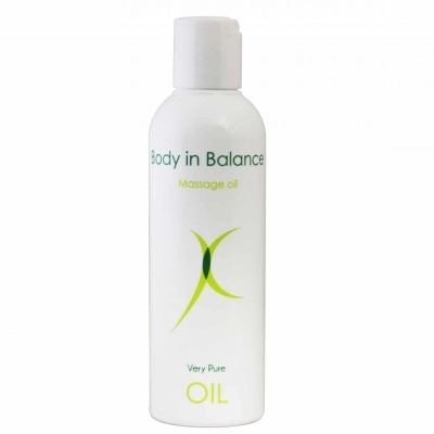 Frasco branco de óleo de massagem Body in Balance com texto verde e amarelo