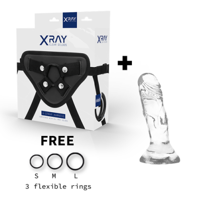 Arnês preto, dildo transparente e 3 anéis flexíveis em caixa XRAY CLEAR DILDOS