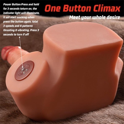 Produto sexual em silicone com botão de controlo na base sobre tecido castanho claro