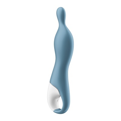 Vibrador pessoal azul com parte inferior branca e símbolos CE