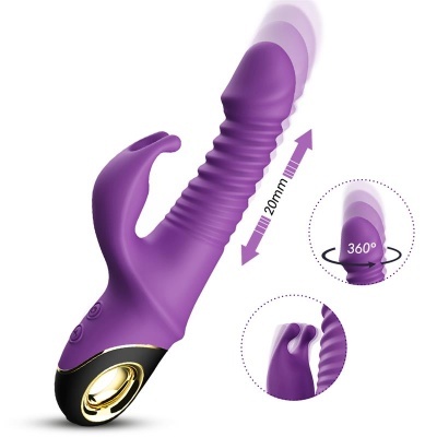 Vibrador roxo com detalhes dourados e pretos em fundo branco
