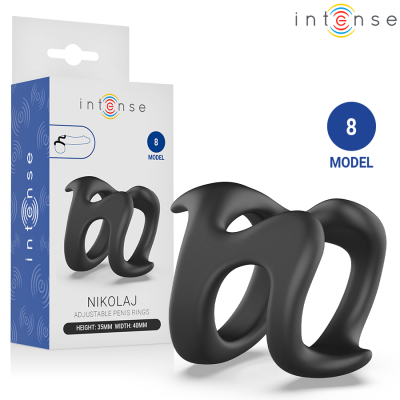 Anéis ajustáveis para pénis pretos e embalagem Intense modelo 8