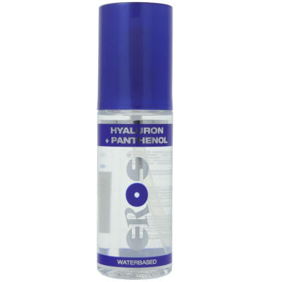 Frasco transparente com tampa azul e rótulo azul com texto