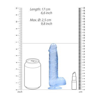 Objeto de silicone translúcido azul com base de ventosa ao lado de ilustrações de lata e batom para referência de tamanho