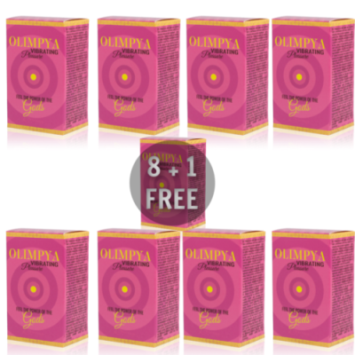 Caixas rosas OLIMPYA VIBRATING Pleasure com texto e oferta promocional