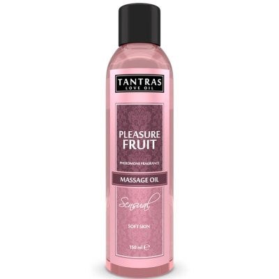 Frasco rosa de óleo de massagem Tantras com tampa preta e etiqueta com texto Pleasure Fruit