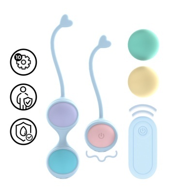 Conjunto de bolas vibratórias coloridas com controle remoto e ícones de durabilidade e segurança