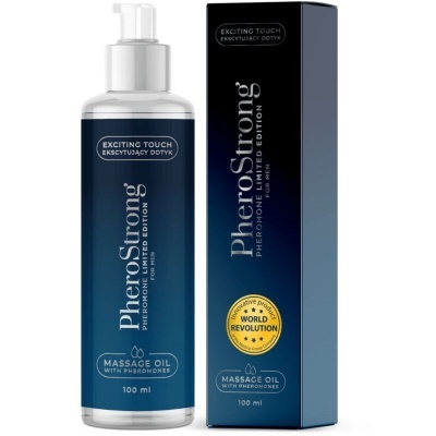 Frasco e caixa de óleo de massagem PheroStrong azul escuro com texto branco e dourado.