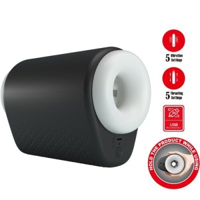 Dispositivo preto com entrada circular branca e controlo, com indicações de vibração, impulsão e recarregamento USB.
