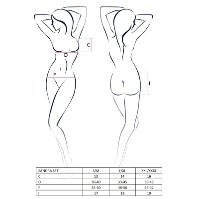 Diagrama de figura feminina para medições com tabela de tamanhos SANDRA SET