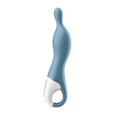 Vibrador azul com base branca e alça circular