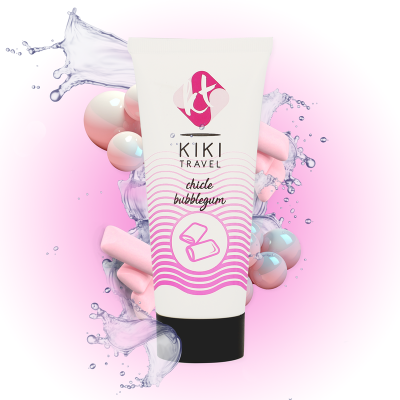 Frasco branco e rosa do produto Kiki Travel com elementos gráficos e fundo rosa
