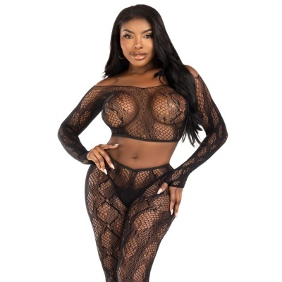 Conjunto transparente de lingerie preta em renda com padrão de rede, top de manga comprida e leggings.