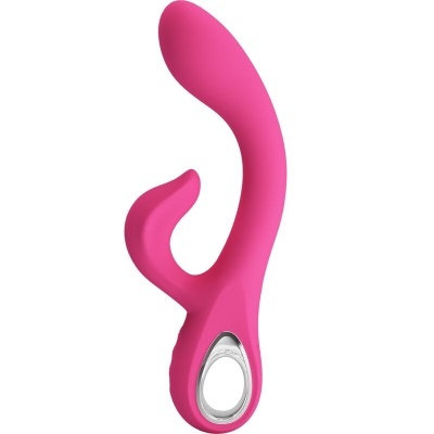 Vibrador cor-de-rosa em silicone com duas pontas curvas e punho metálico