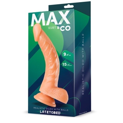 Dildo realístico de cor pele em embalagem azul e verde com texto branco