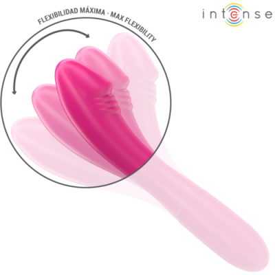 Vibrador rosa flexível com textura ondulada e texto sobre flexibilidade máxima