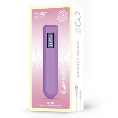 Embalagem de estimulador digital LED WHIM roxo com ecrã digital e cabo USB