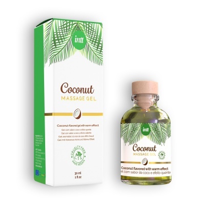 Gel de massagem de coco em frasco de vidro e embalagem abrangendo branco, verde e folhas tropicais.