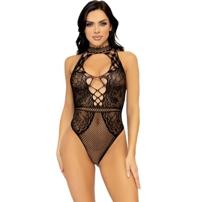 Body feminino de renda preta com detalhes em malha e recortes trançados