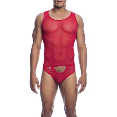 Roupa interior masculina vermelha transparente com camisola sem mangas e cueca com abertura
